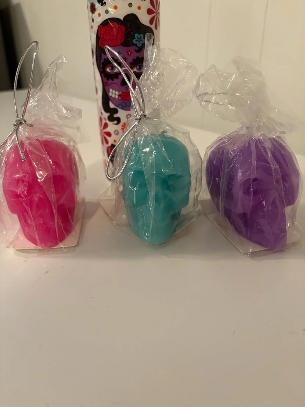 Day of the Dead Skull Candle Trio - Pink, Teal, Purple